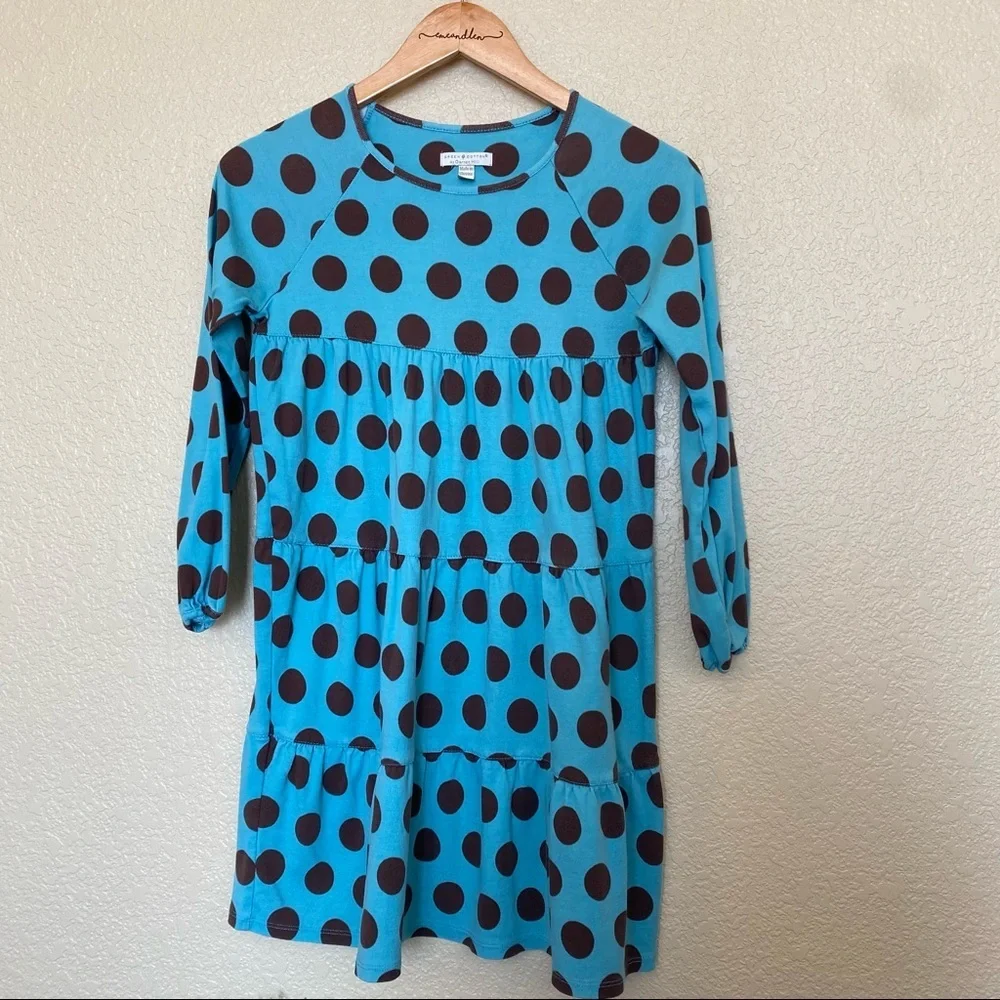 Green cotton girls dress polka dot 14 blue teal‎ and brown Garnet Hill